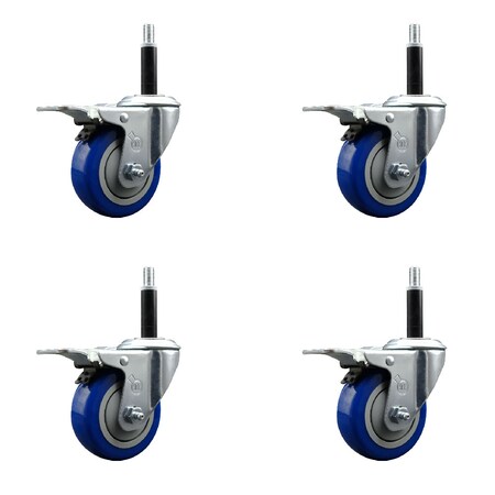 Service Caster 3.5'' Blue Poly Swivel 3/4'' Expanding Stem Caster Set Total Lock Brake, 4PK SCC-EXTTL20S3514-PPUB-BLUE-34-4
